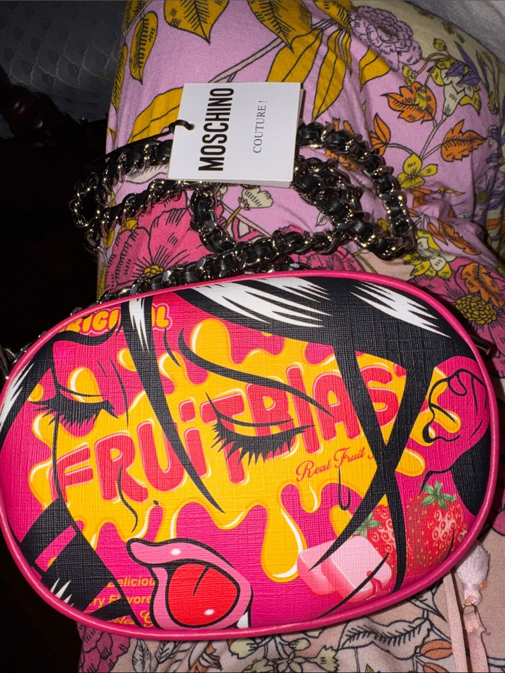 NEW NWT Moschino Fruit Blast Pink Graphic Crossbody Bag Purse Pop Art Candy - Picture 1 of 8